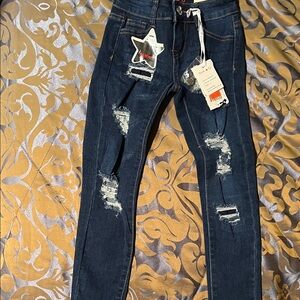 Girl’s Trendy Ripped Dark Blue Jeans